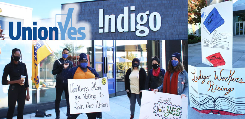 Indigo workers rally in front of their store in advance of voting to join Local 1006A.