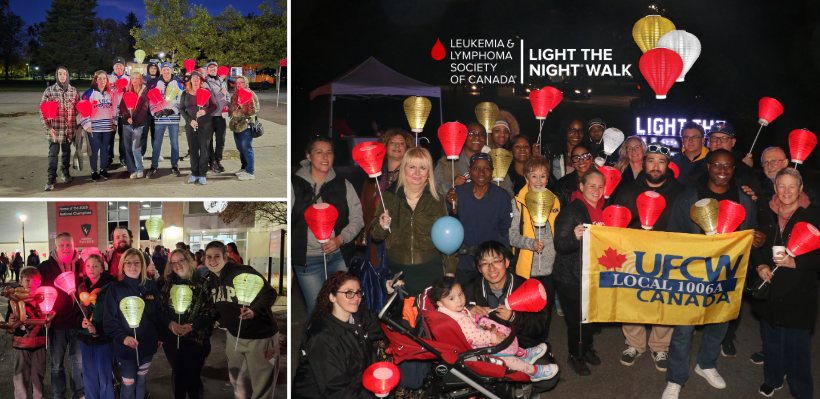 Collage of groups of union members at Light the Night events in London, Toronto and Ottawa in support of the LLSC.